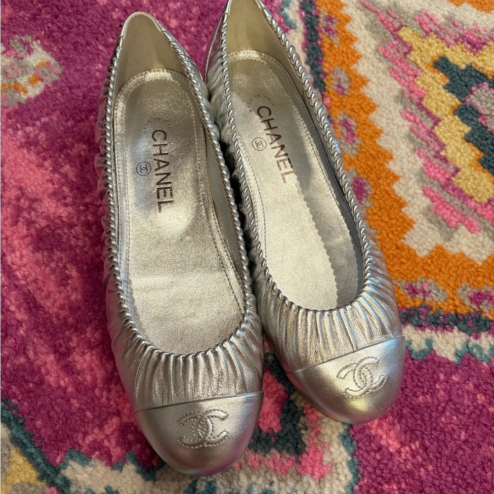 CHANEL Silver Flats with Ruched Detail